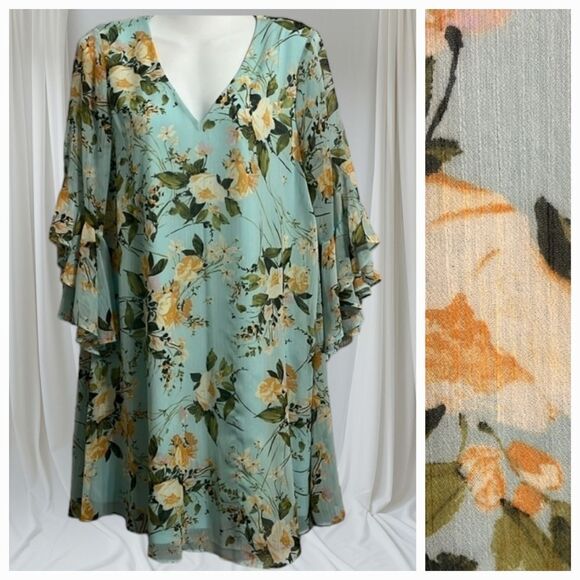 Calvin Klein Women's Mint Floral Ruffled Bell-Sleeve Chiffon Shift Dress Work - Picture 1 of 10